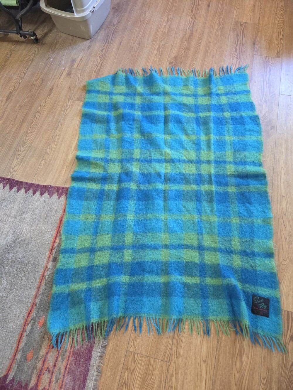 Vintage Scottish Mohair Plaid Travel Blanket Eaton’s Teal Green Wool Throw 55x42